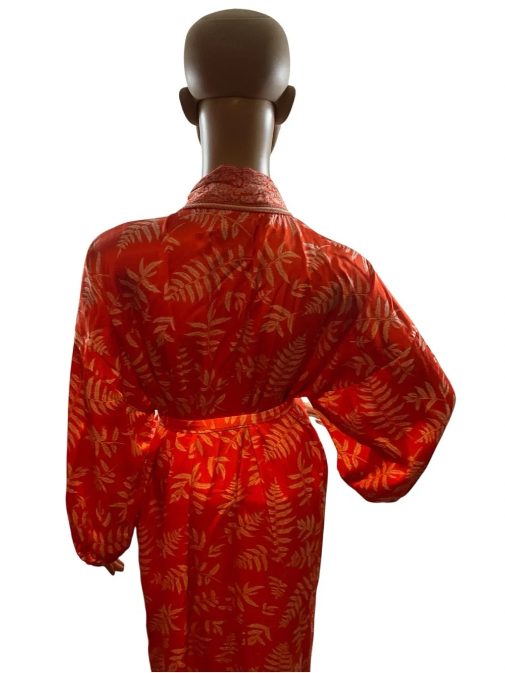 Zara Red Satin Floral-Leaf Kimono Robe with Tie Belt - Picture 6 of 16